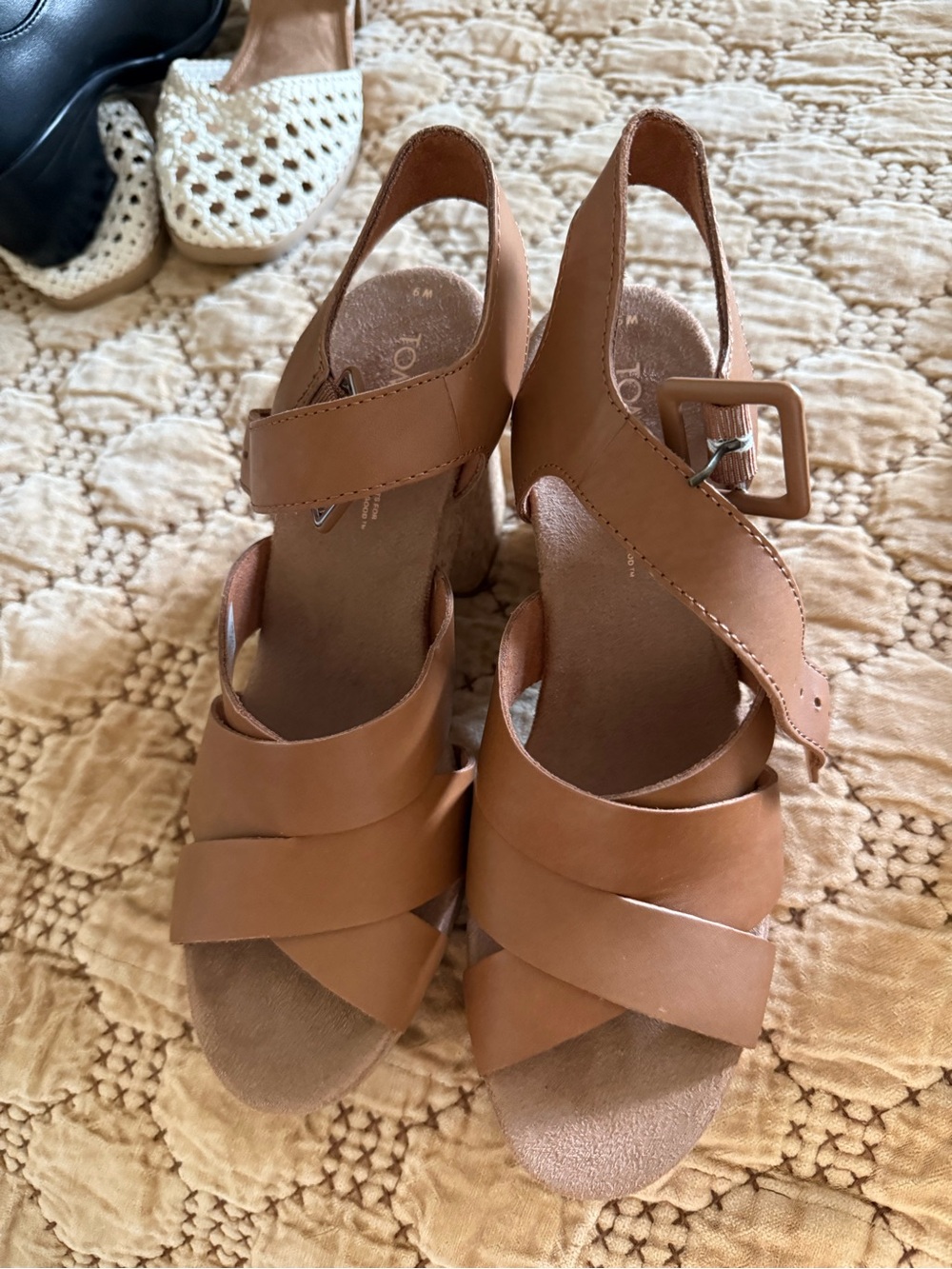 Toms Brown Leather Crisscross Wedge Sandals